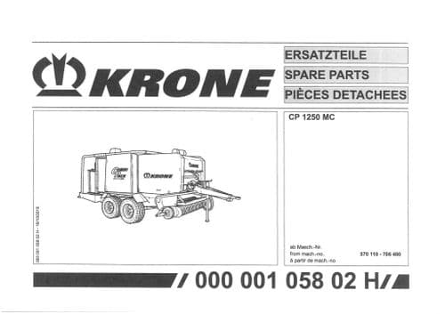 Krone   Round Baler CP1250MC -  Parts Manual CP 1250 MC