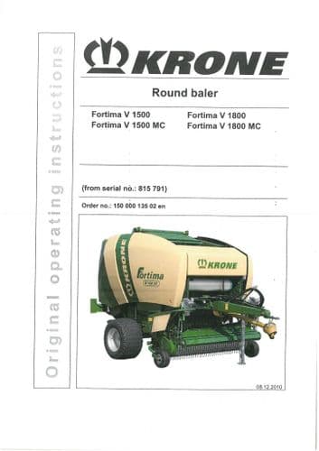 Krone Round Baler Fortima V1500 V1500MC V1800 V1800MC Operators Manual V 1500 1800 MC