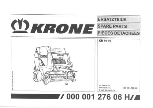 Krone Round Baler KR 10-16  -  Parts Manual KR10-16