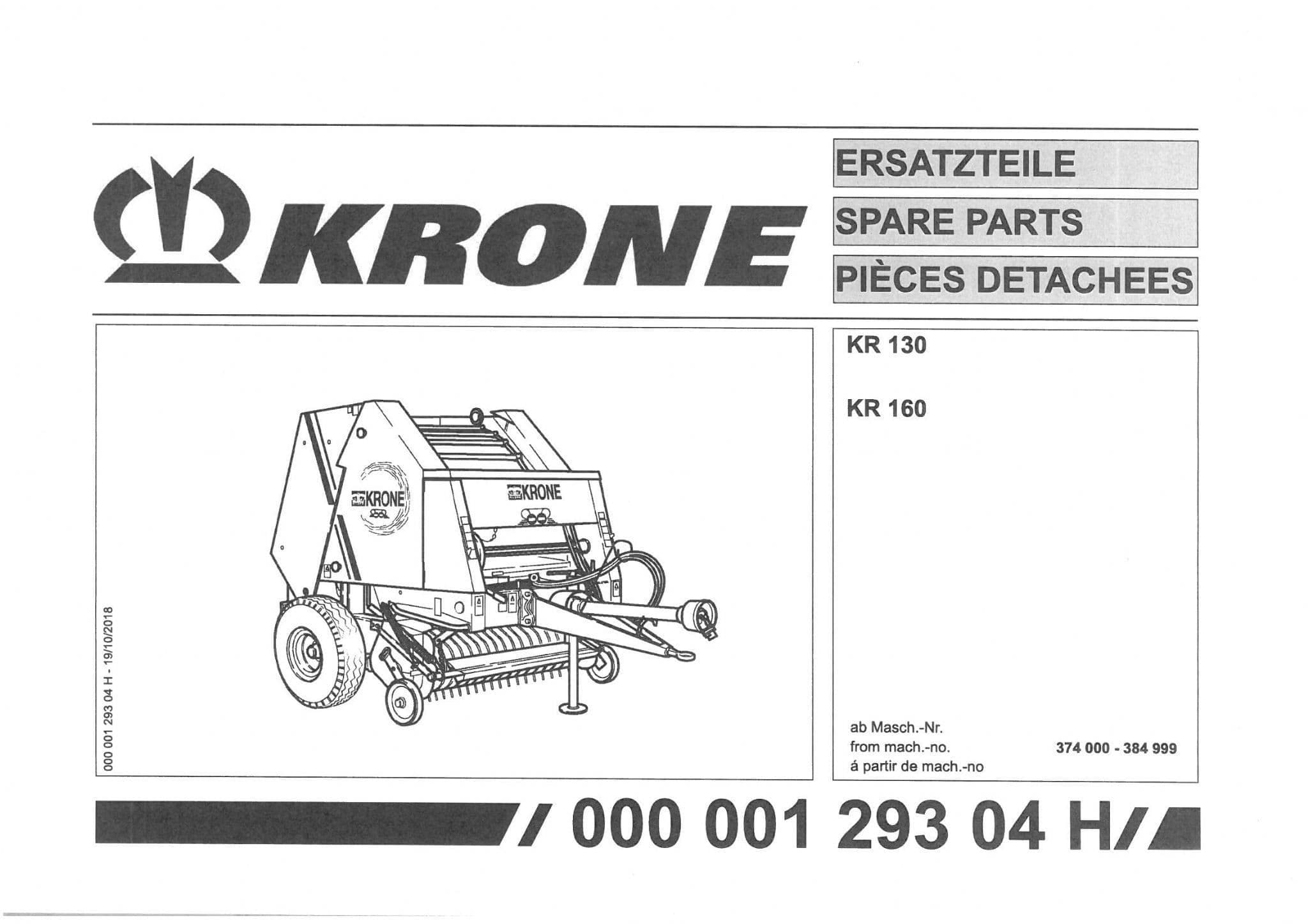 Krone Round Baler KR130 KR160 -  Parts Manual KR 130 160