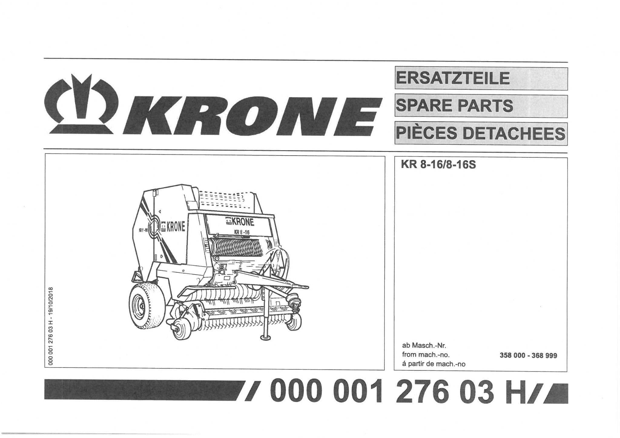 Krone  Round Baler KR8-16/8-16S  -  Parts Manual KR 8-16 S