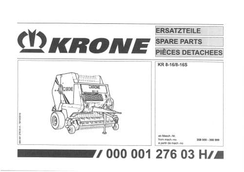 Krone  Round Baler KR8-16/8-16S  -  Parts Manual KR 8-16 S