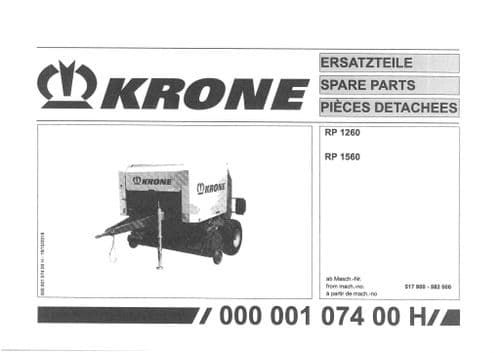 Krone Round Baler RP1260 RP1560  -  Parts Manual - 1260 1560