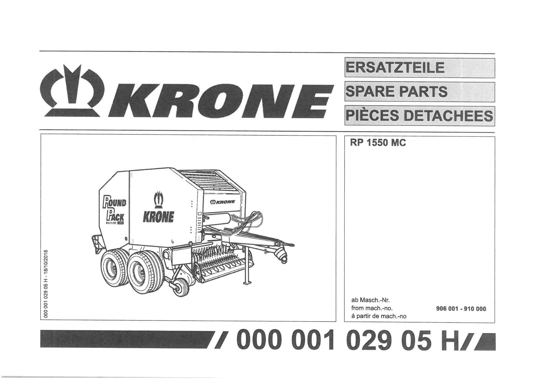 Krone Round Baler RP1550MC  -  Parts Manual - 1550