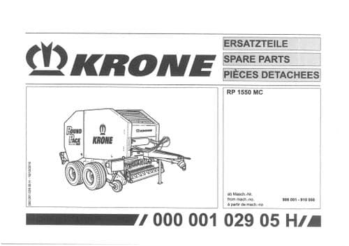 Krone Round Baler RP1550MC  -  Parts Manual - 1550