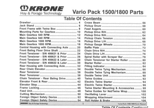 Krone Round Baler Vario Pack 1500 1800 Parts Manual