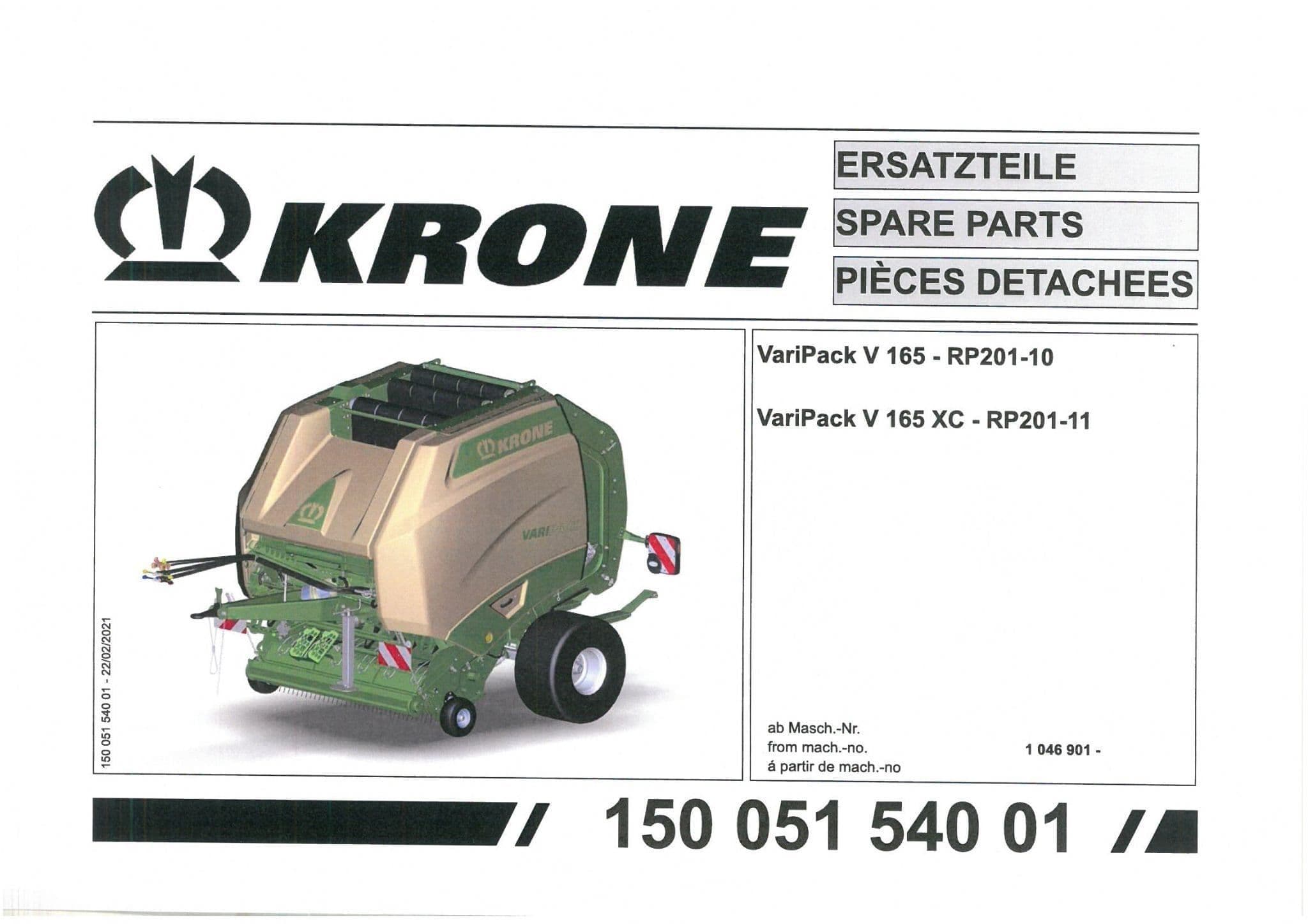 Krone Round Baler VariPack V165 V165XC  -  Parts Manual - 165