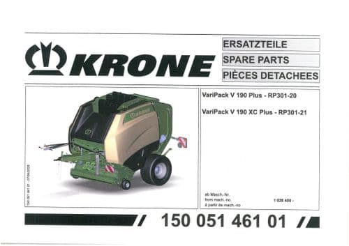 Krone Round Baler VariPack V190 Plus V190 XC Plus  -  Parts Manual - 190