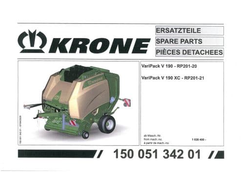 Krone Round Baler VariPack V190 V190 XC  -  Parts Manual - 190