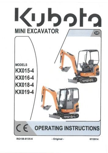 Kubota Compact Excavator KX015-4 KX016-4 KX018-4 KX019-4 Operators Manual 2014