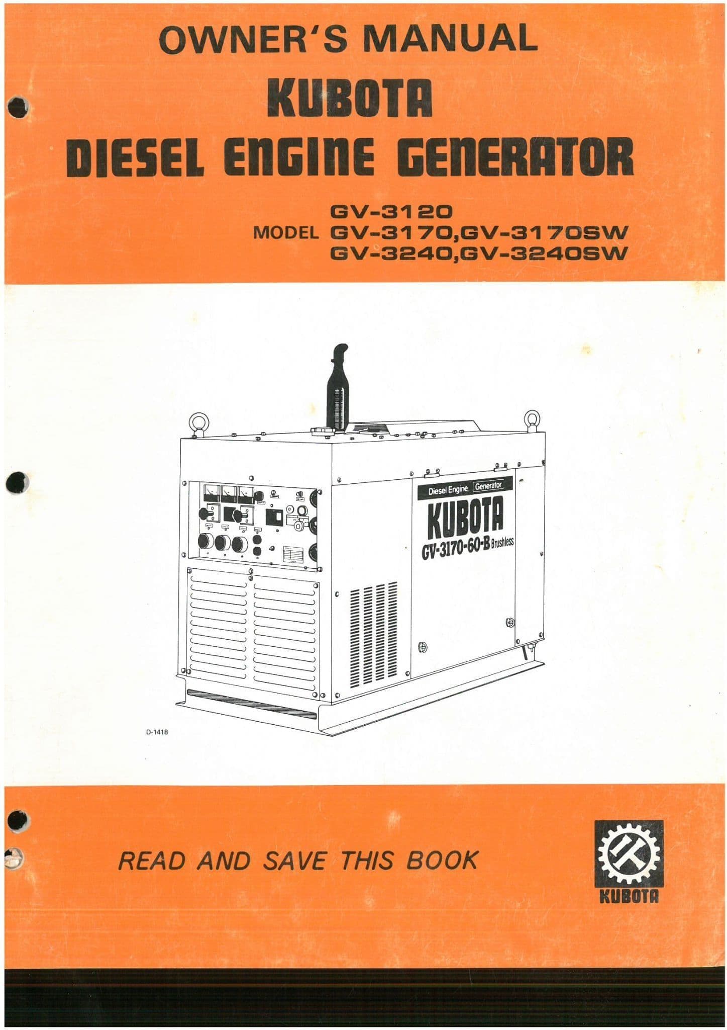 Kubota  Diesel Engine Generator GV3120 GV3170 GV3170SW GV3240 GV3240SW Operators Manual