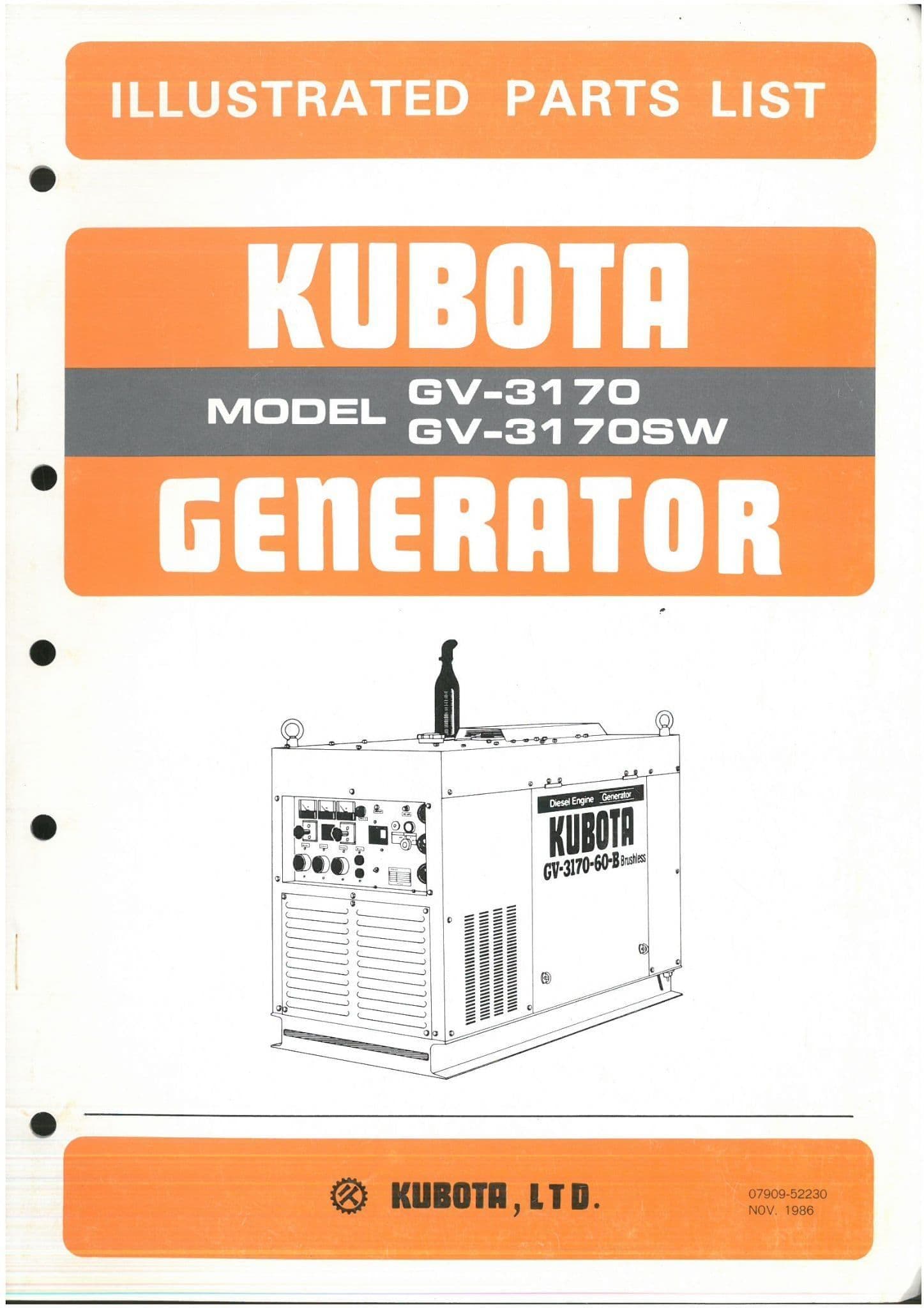 Kubota Diesel Engine Generator GV3170 & GV3170SW Parts Manual