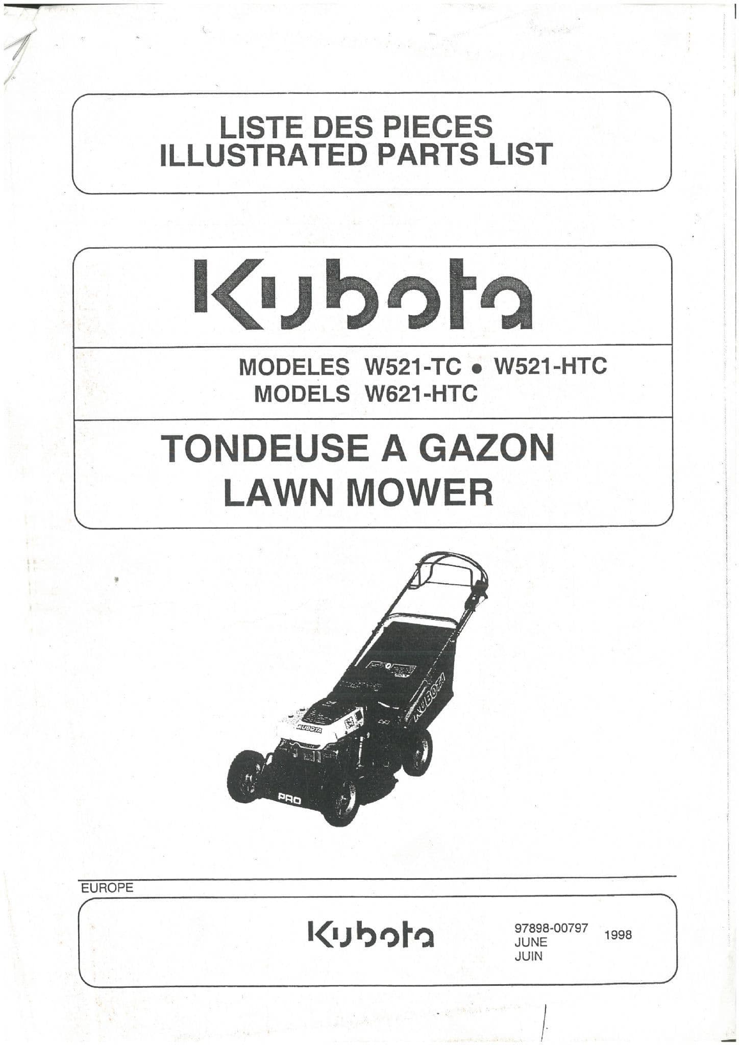 Kubota Garden Lawn Mower W521TC, W521HTC & W621HTC Parts Manual