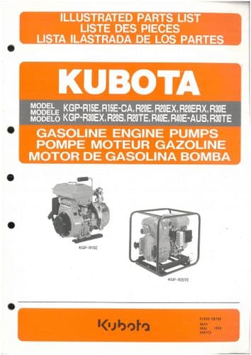 Kubota  Gasoline Engine Pumps KGPR30EX R20S R20TE R40E R40E-AUS R30TE Parts Manual