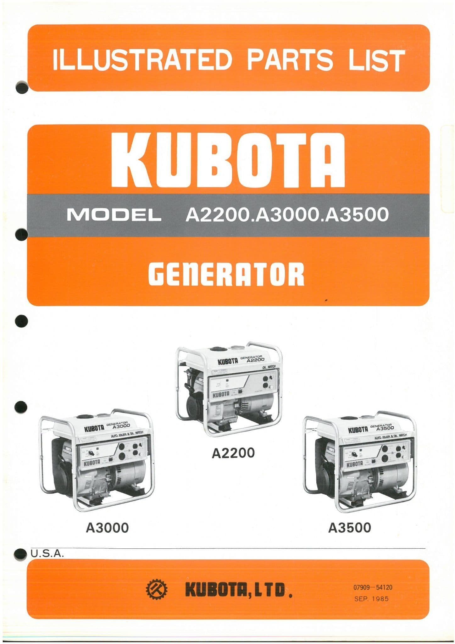 Kubota Generator A2200 A3000 A3500 Parts Manual