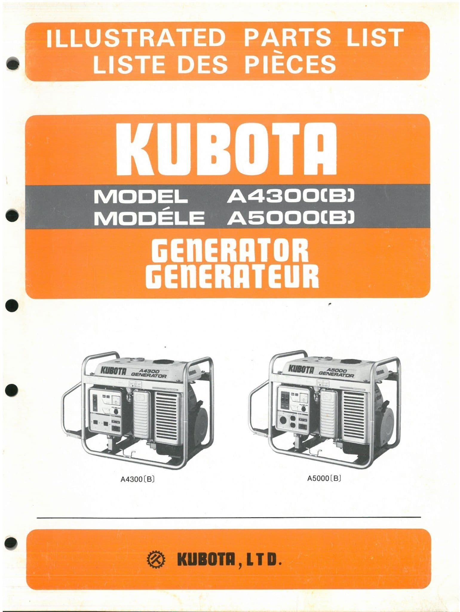 Kubota Generator A4300 B A5000 B Parts Manual