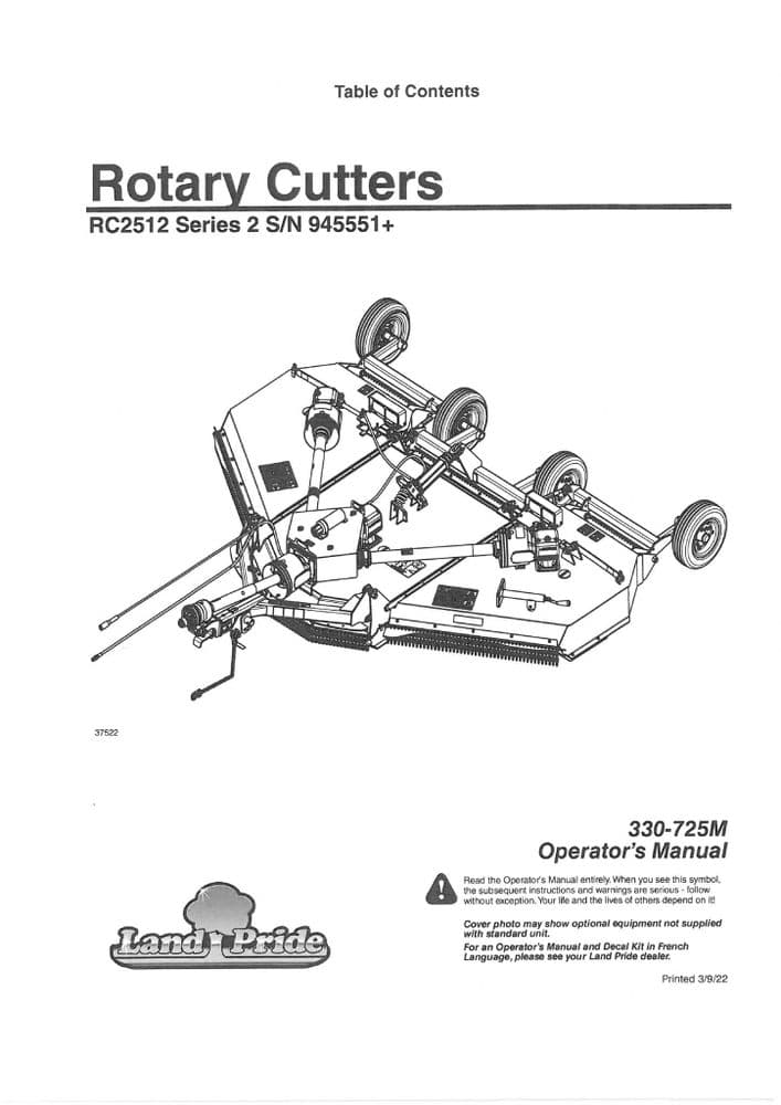 Kubota Land Pride Rotary Cutter RC2512 Operators Manual