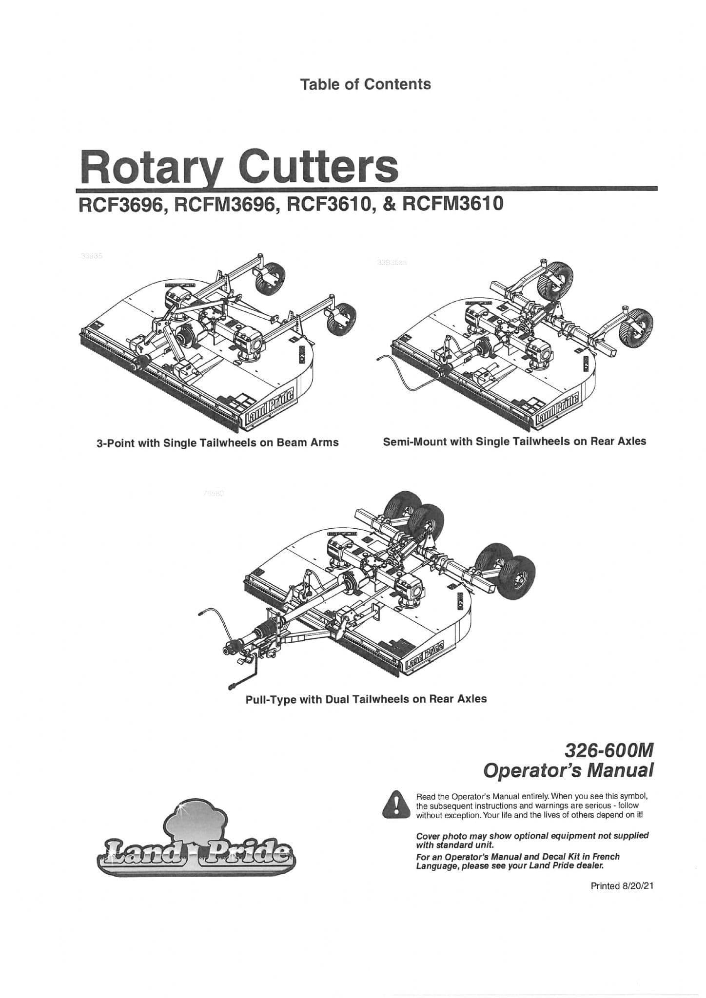 Kubota Land Pride Rotary Cutter RCF3696 RCFM3696 RCF3610 RCFM3610 ...