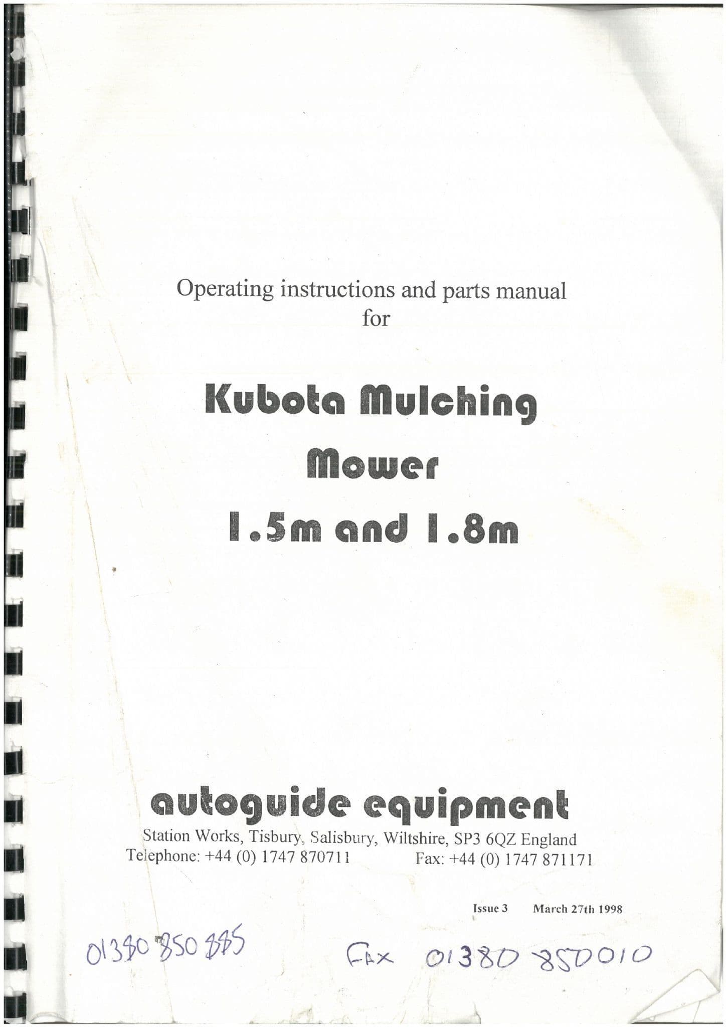 Kubota Mulching Mower 1.5m & 1.8m Operators Manual & Spare Parts List