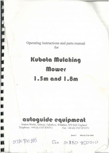 Kubota Mulching Mower 1.5m & 1.8m Operators Manual & Spare Parts List