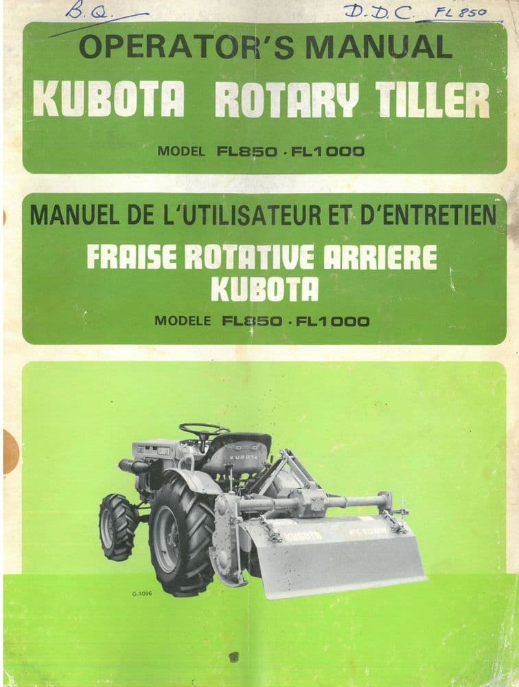 Kubota Rotary Tiller FL850 FL1000 Operators Manual FL 850 1000