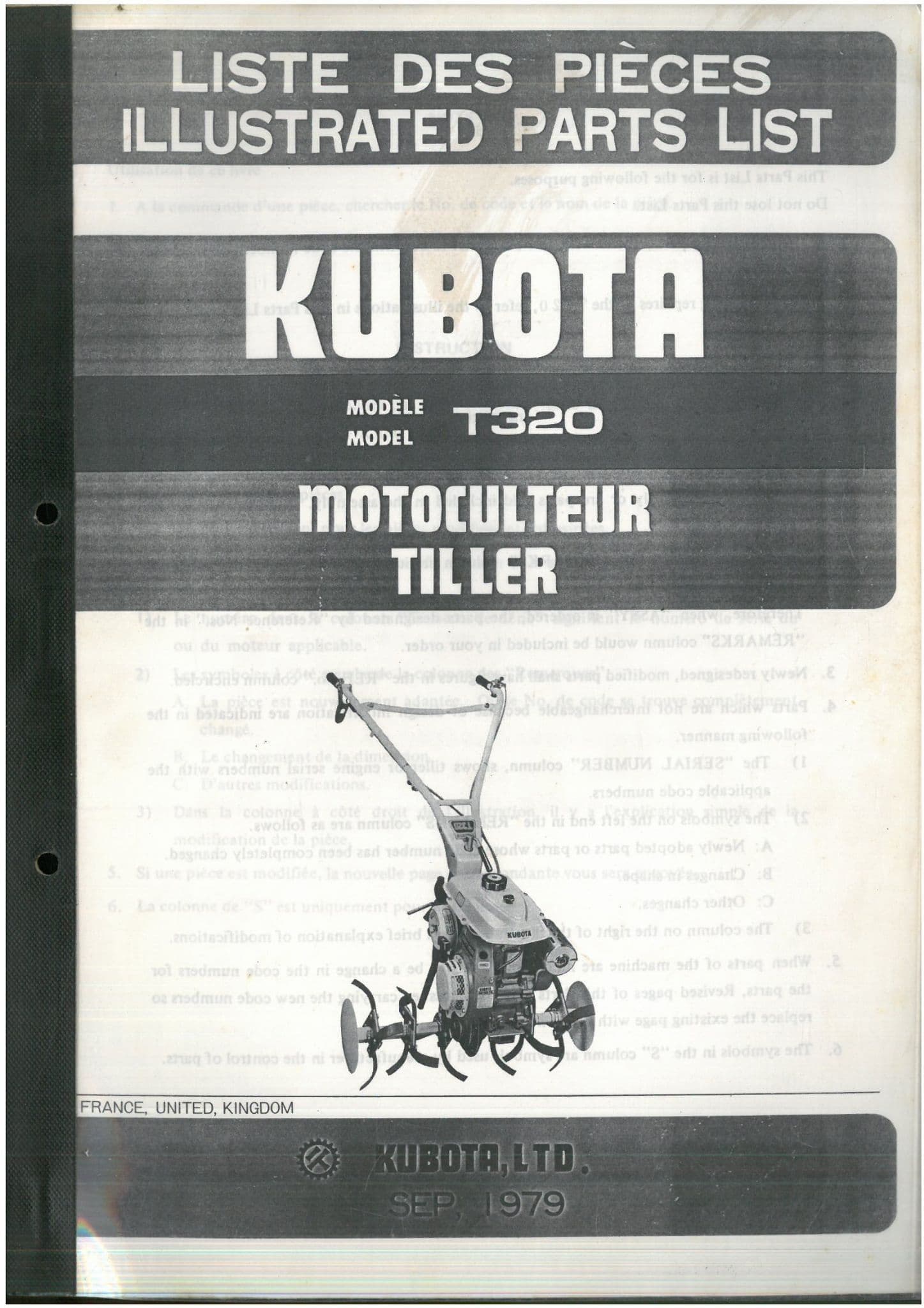 Kubota Rotary Tiller T320 Parts Manual