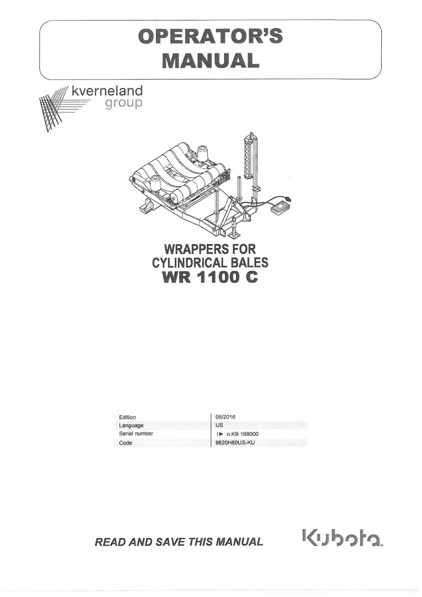 Kubota Round Bale Wrapper WR1100 Operators Manual