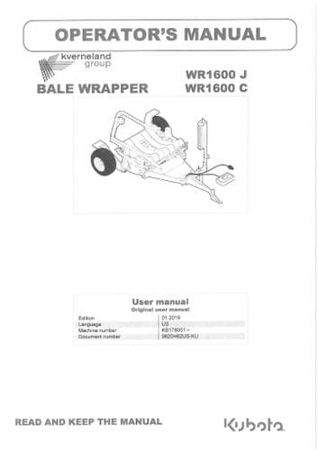 Kubota Round Bale Wrapper WR1600J WR1600C Operators Manual