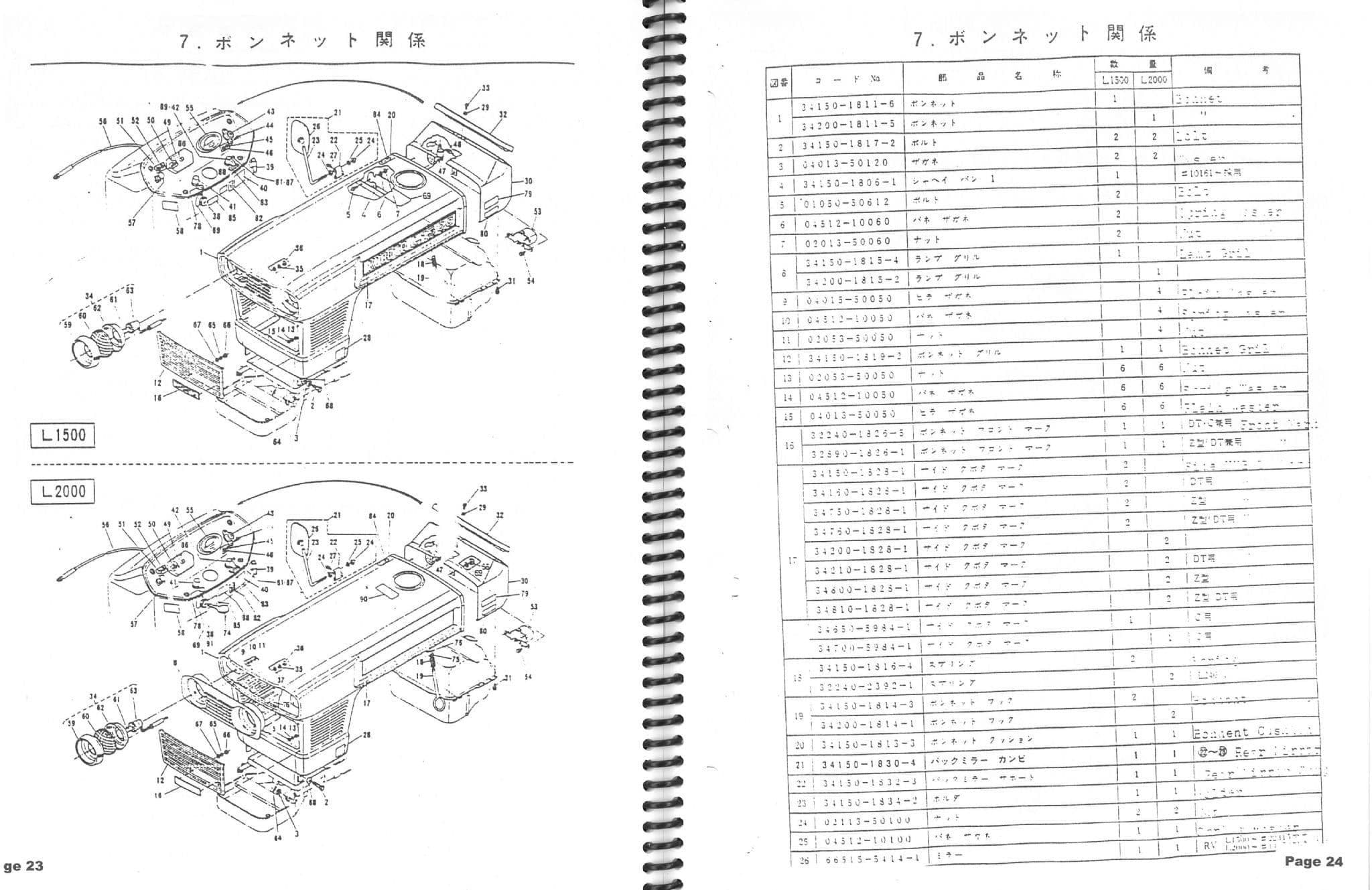 Kubota Tractor L1500 L1500DT L1500C L2000 L2000DT L2000C Parts Manual