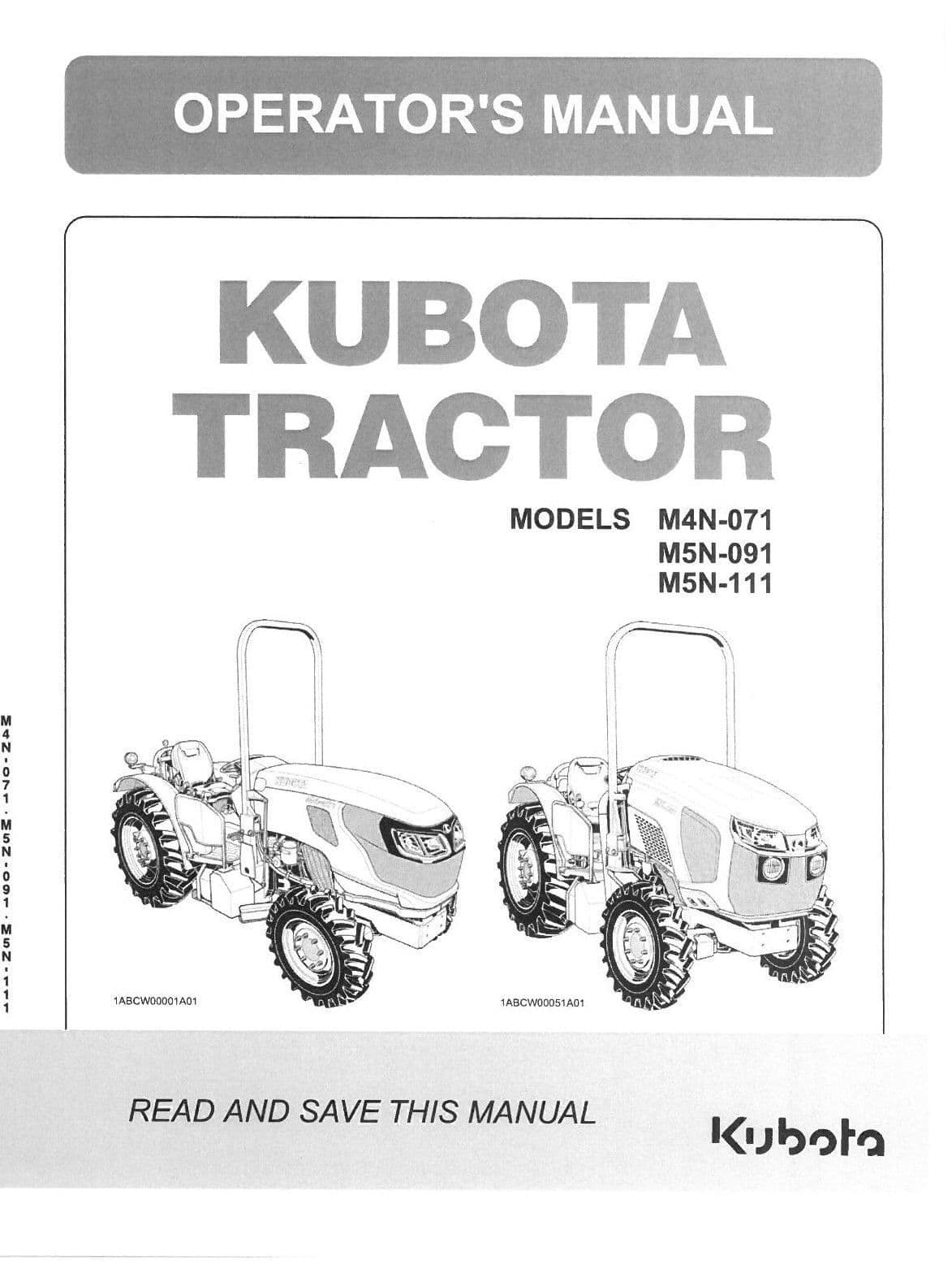 Kubota Tractor M4N-071 M5N-091 M5N-111 Operators Manual