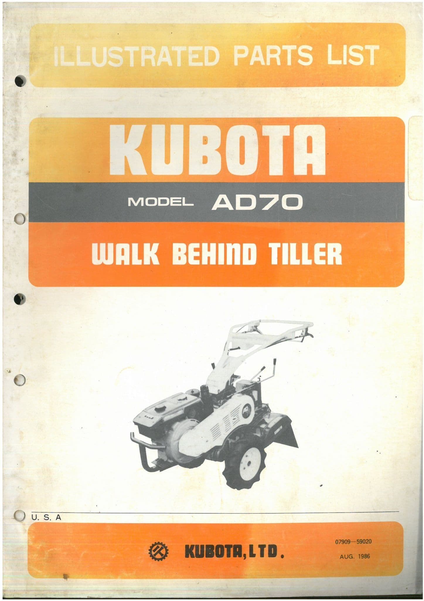 Kubota Walk Behind Tiller AD70 Parts Manual AD 70
