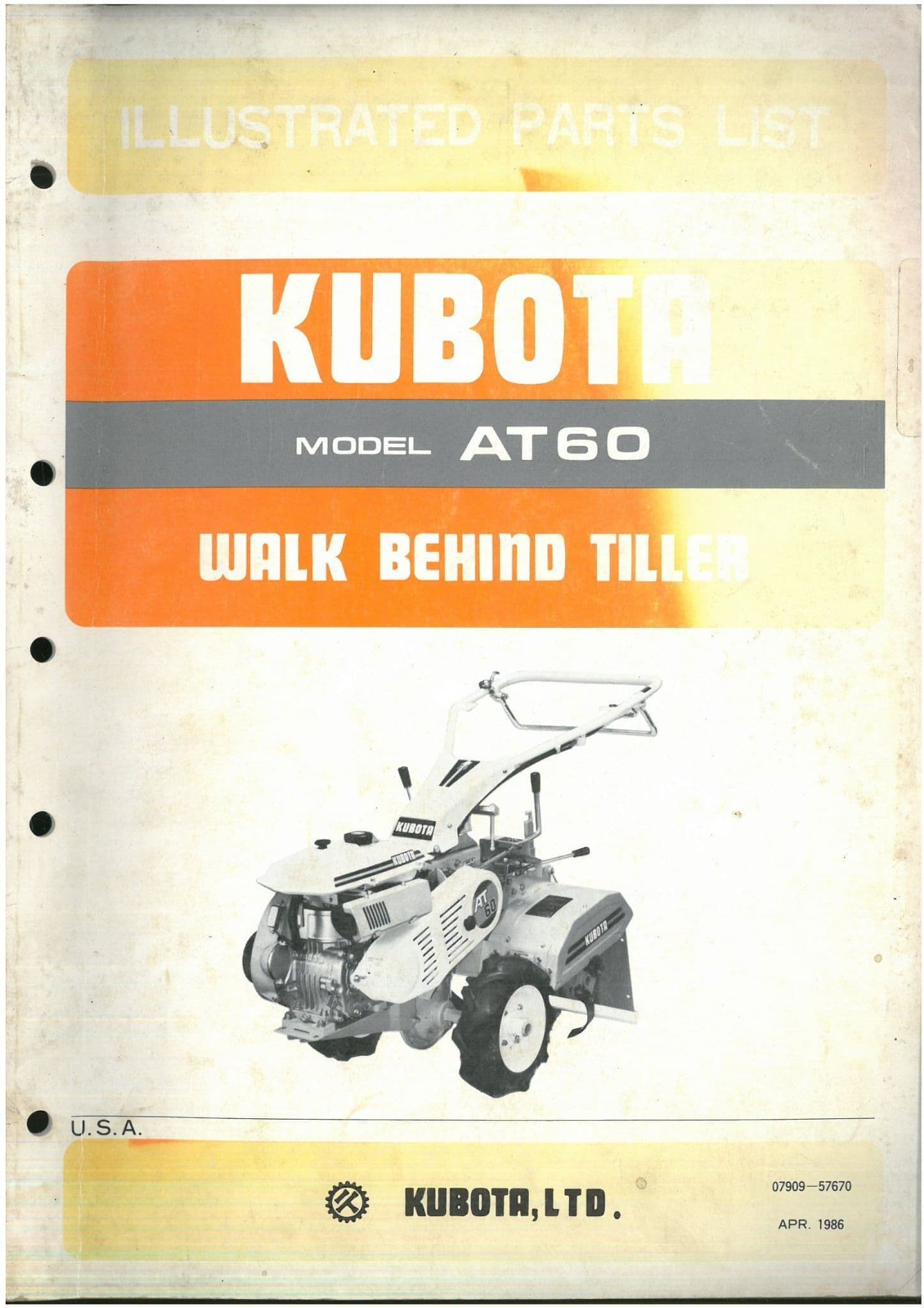 Kubota Walk Behind Tiller AT60 Parts Manual AT 60