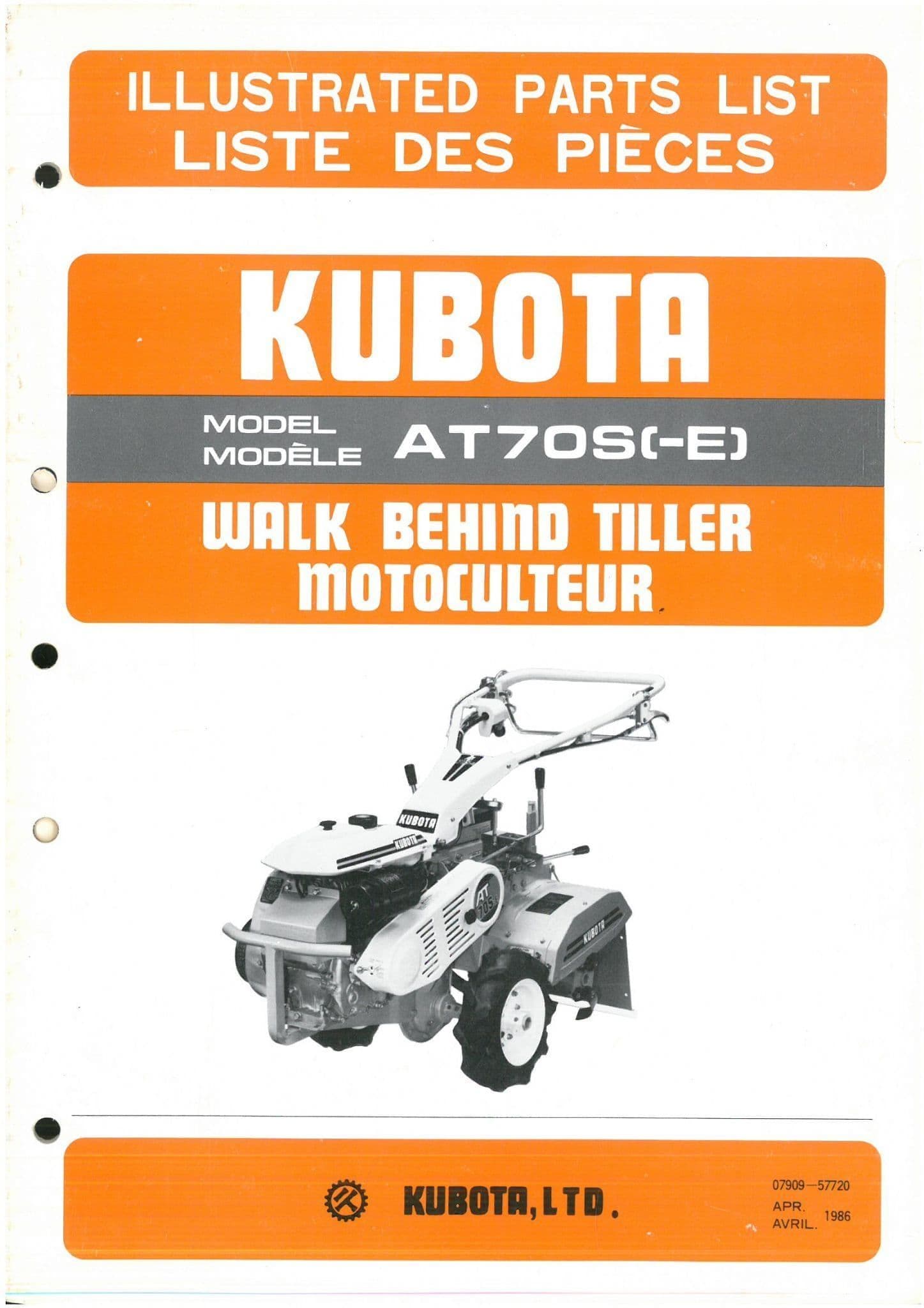 Kubota Walk Behind Tiller AT70S E Parts Manual