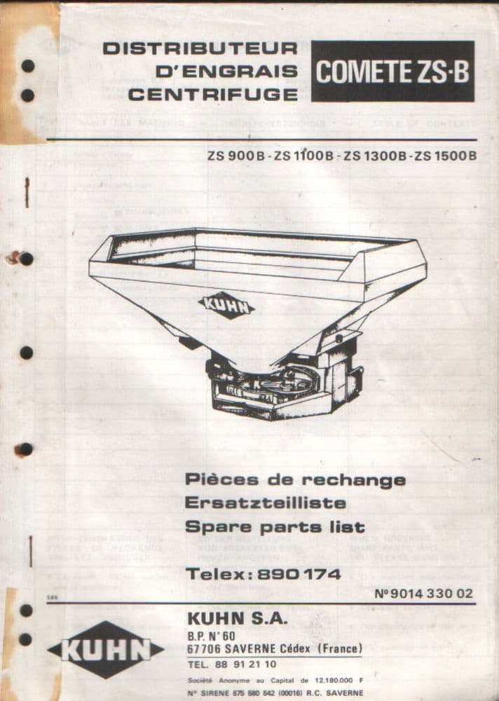 Kuhn Fertiliser Spreader Comete ZSB Parts Manual ZS 900B ZS 1100B ZS