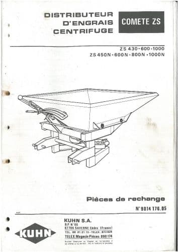 Kuhn Fertiliser Spreader Comete ZS ZS430 ZS600 ZS1000 ZS450N ZS600N ZS800N ZS1000N Parts Manual - ZS