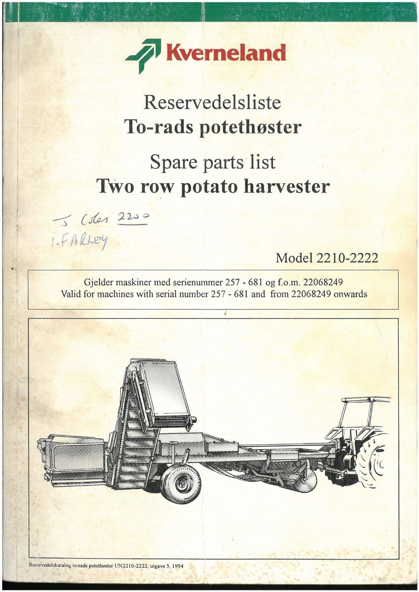 Kverneland 2 Row Potato Harvester - Models 2210-2222 Parts Manual