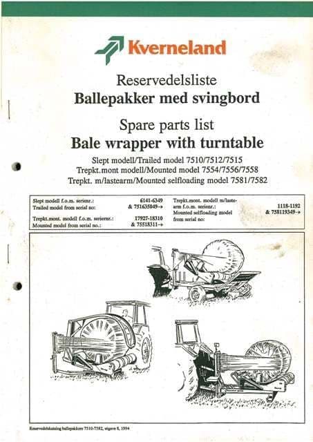 Kverneland Bale Wrapper with Turntable Parts Manual 7510 7512 7515 7554 ...