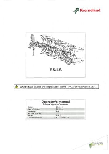 Kverneland Plough ES85 ES100 LS85 LS100 LS115 - 200 Headstock Operators Manual