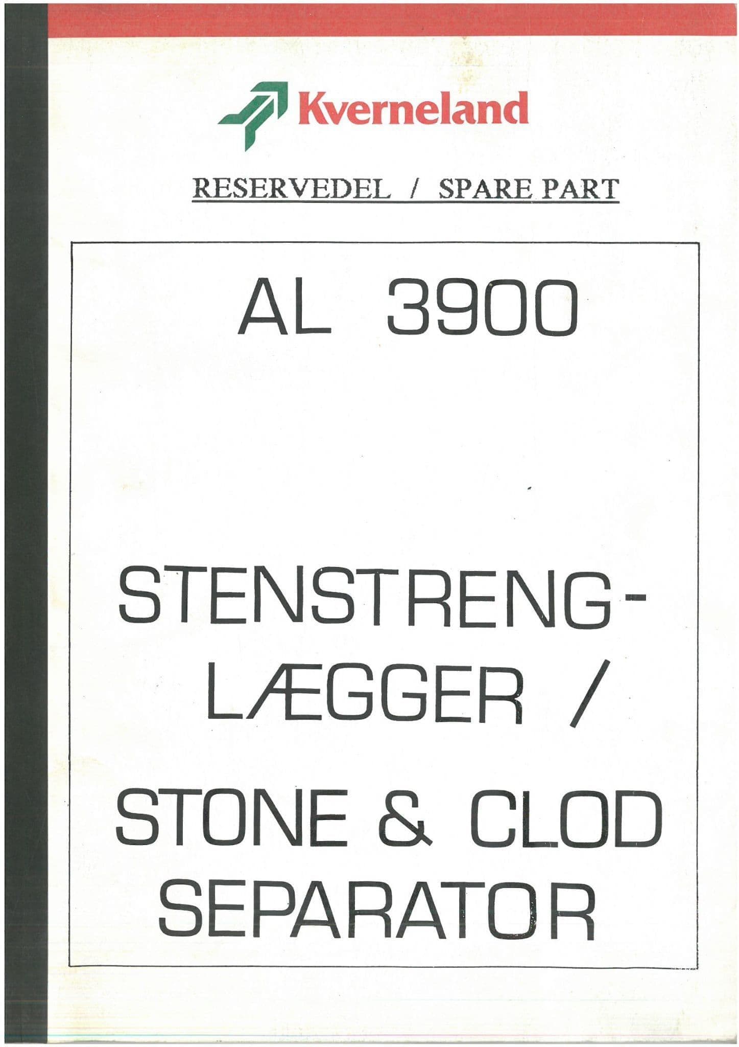 Kverneland Stone & Clod Separator AL 3900 Parts Manual