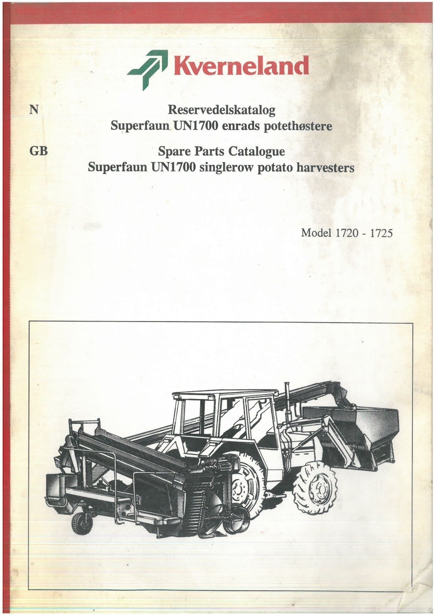 Kverneland Superfaun UN1700 Singlerow Potato Harvester - Models 1720 - 1725 Parts Manual