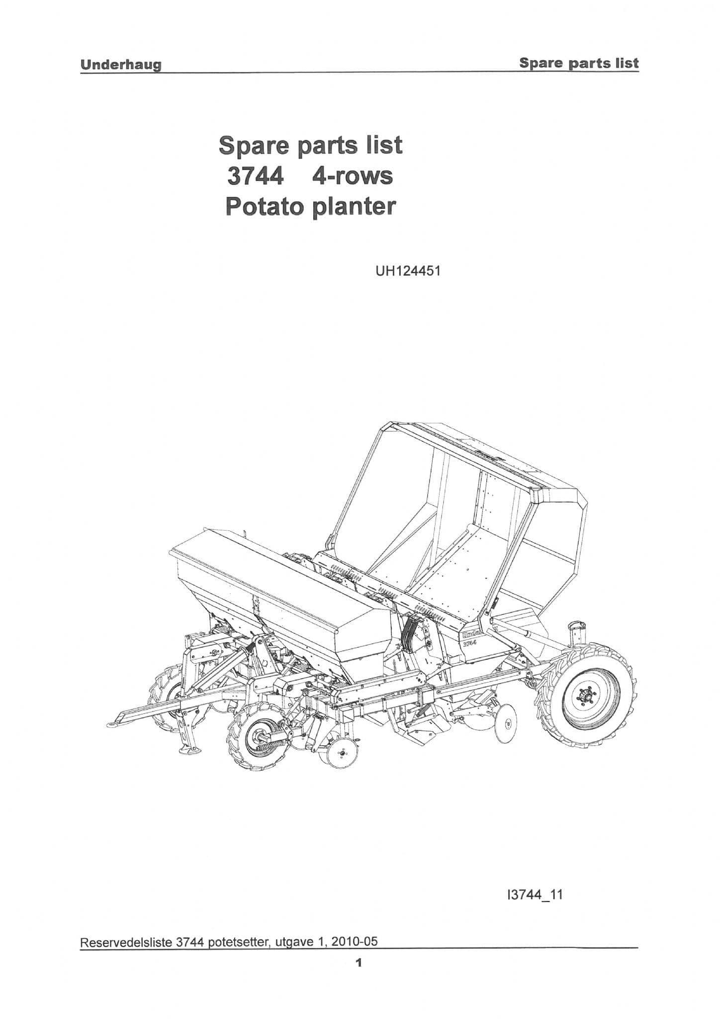 Kverneland Underhaug Four Row  Potato Planter 3744 Parts Manual