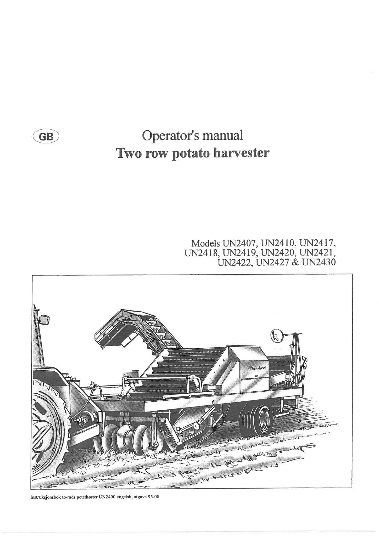 Kverneland Underhaug Two Row Potato Planter UN2407 UN2410 UN2417 UN2418 UN2419 UN2420Operators Manul