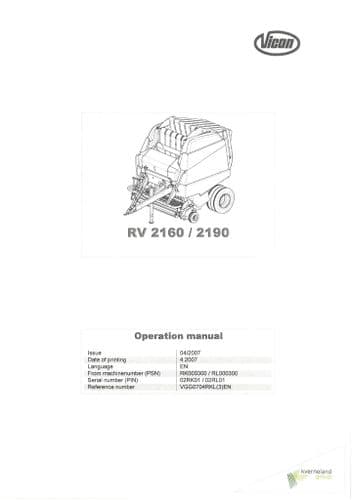 Kverneland Vicon Baler RV2160 RV2190 Operators Manual