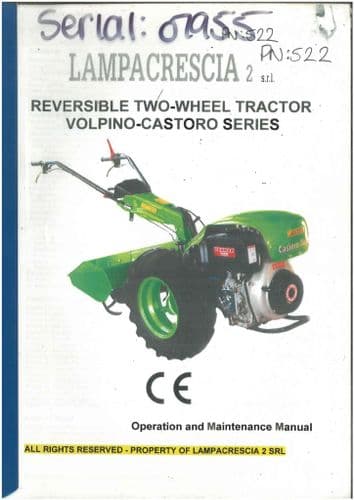 Lampacrescia  Reversible Two Wheel Tractor Rotary Hoe Volpino Castoro Series Operators Manual