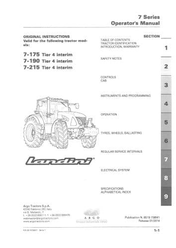 Landini Tractor 7.175 7.190 7.215 Tier 4 Interim Operators Manual