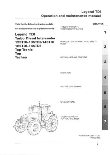 Landini Tractor Legend125TDI 135TDI 145TDI 165TDI 185TDI Top Tronic Techno Operators Manual