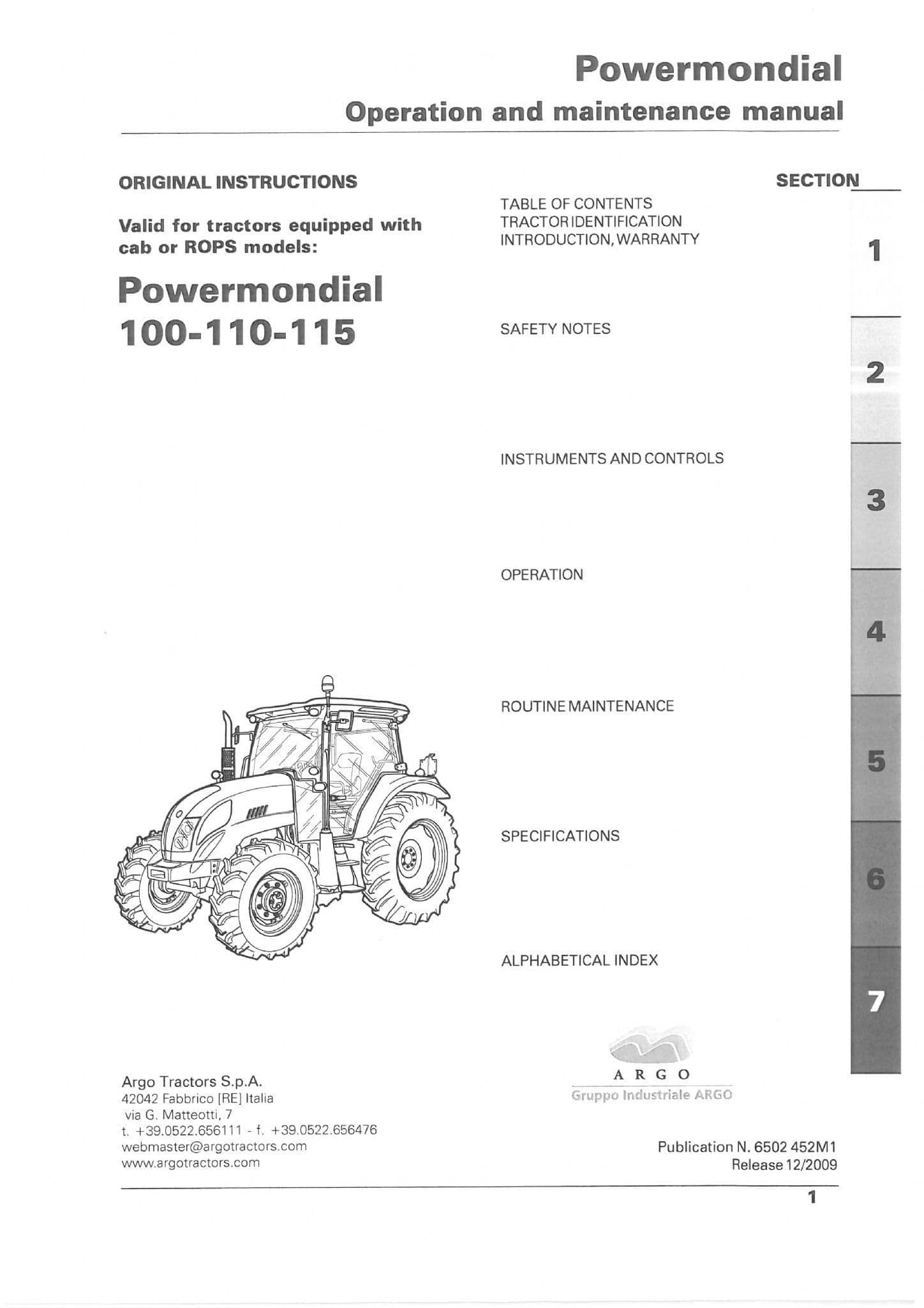 Landini Tractor PowerMondial 100 110 115 Operators Manual