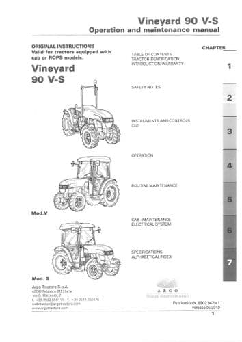Landini Tractor Vineyard 90 V-S Operators Manual