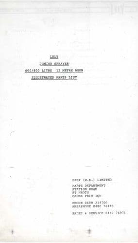 Lely Junior Sprayer 600 & 800 Litre Parts Manual
