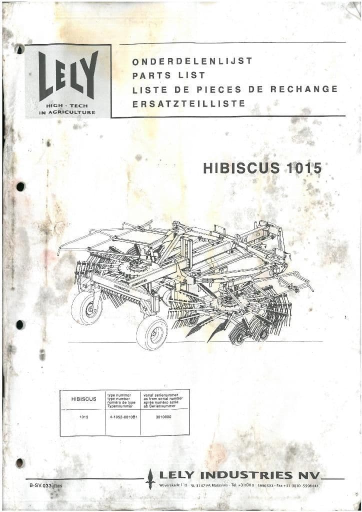 Lely Rake Hibiscus 1015 Parts Manual